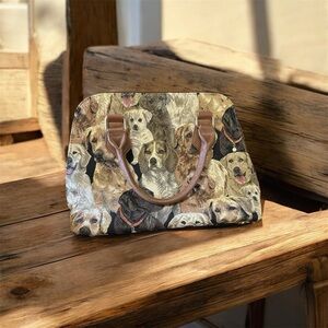 Dog Print tapestry Handbag with Brown Handles